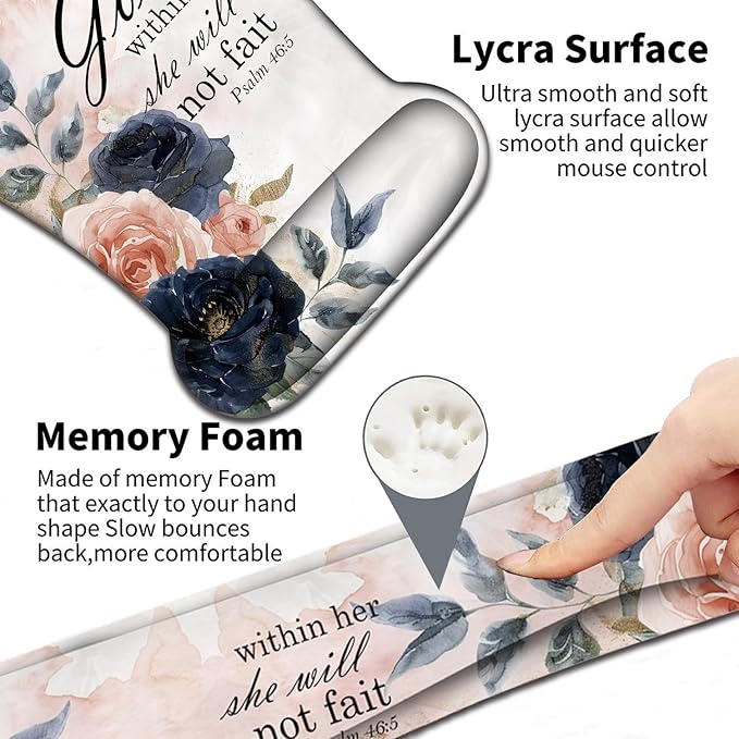 Keyboard Wrist Support + Wrist Mousepad + Coaster Combination Non-Slip PU Base with Gel Memory Mousepad Suitable for Gaming Office Pain Relief Mousepad Set - Psalm 46:5 Floral
