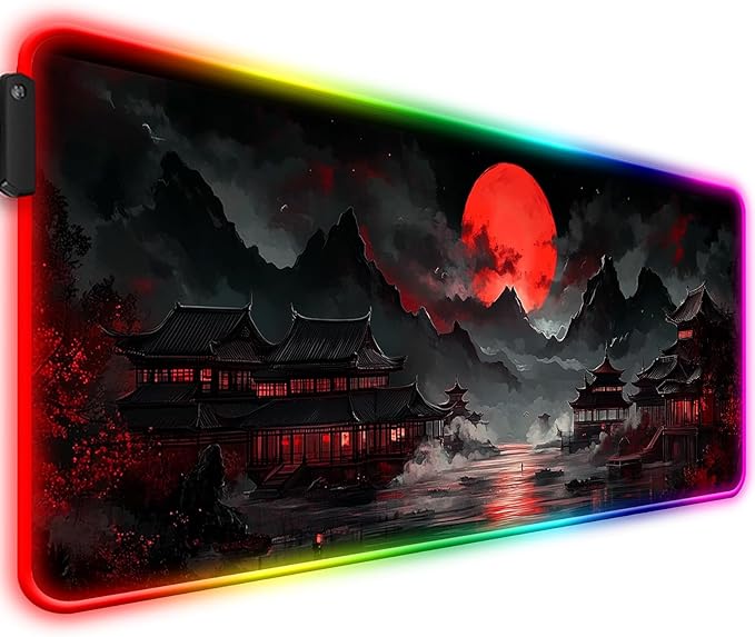 RGB Japanese Dreamy Lakescape Full Moon Gaming Desk Mat Computer Keyboard Large Extended Long LED Mouse Pad for Office and Home XL (W07)