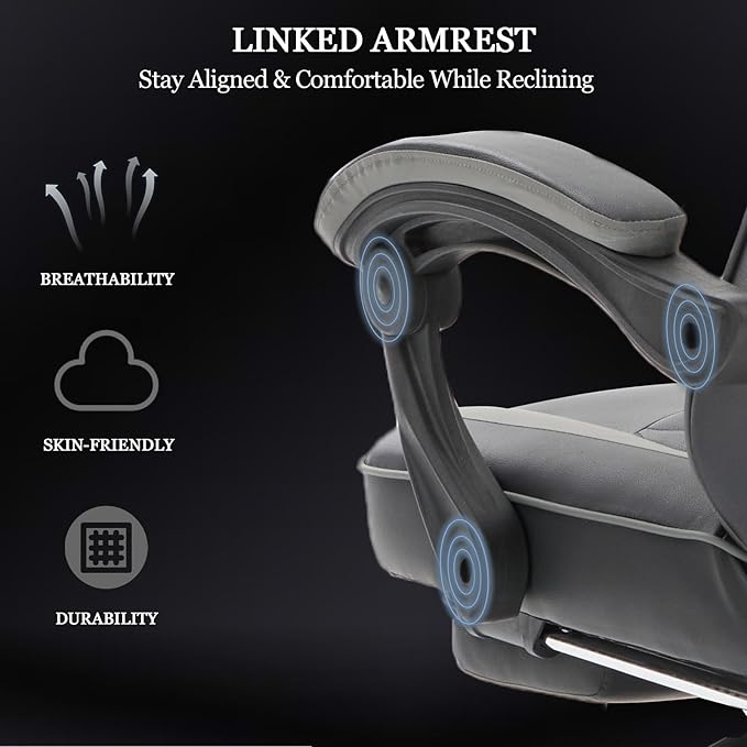Ergonomic Gaming Chair with Footrest and Lumbar Support High Back Reclining PU Leather Computer Chair with Headrest and Linkage Armrests Swivel Height Adjustable Office Gamer Chair for Adults (grey)