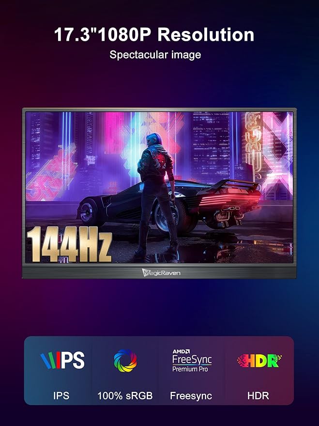 144HZ Portable Gaming Monitor 17.3 1080P Laptop Monitor Dual USB C HDMI Second Computer Screen VESA Gaming Display with Speakers Travel Monitor for PS4/5 Xbox Switch MAC PC Phone