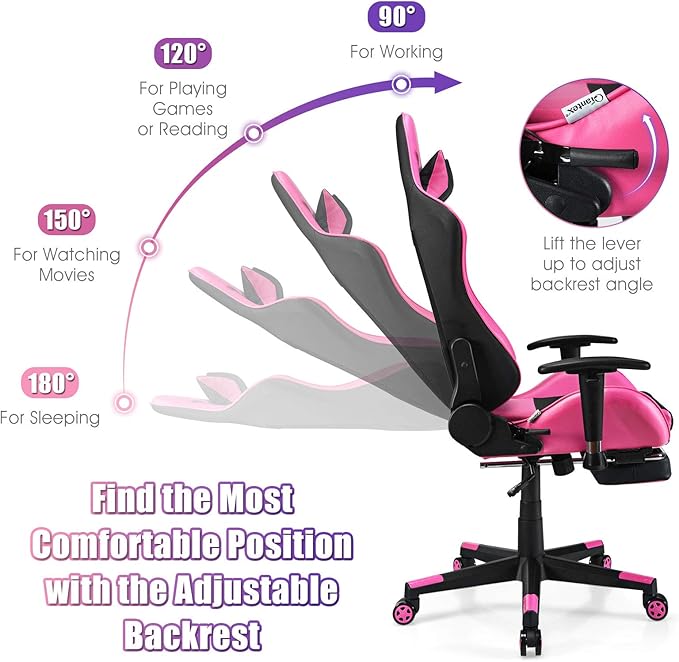 Giantex Massage Gaming Chair Pink Ergonomic Video Game Chair with Footrest High Back E-Sport Computer Chair with Headrest &amp Massager Lumbar Support PU Leather Gaming Seat