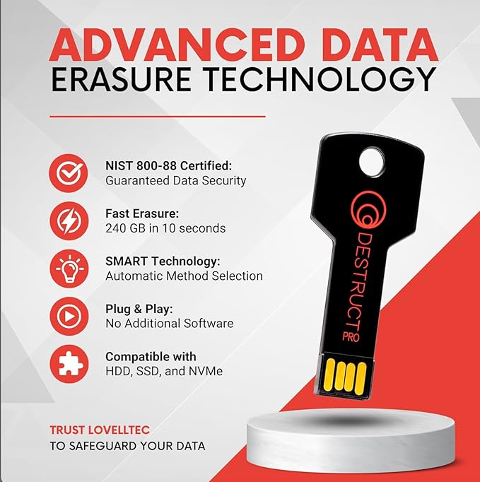 Lovell DESTRUCT PRO - USB Hard Drive Eraser &amp Data Destruction Tool - 3 Phase Crytopgraphic Wipe - Super Fast SMART Technology - Multi-Drive Compatibility - Works With HDD SSD &amp External Har