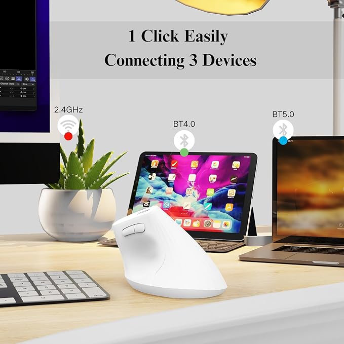 Ergonomic MouseWireless MouseBluetooth Vertical Mouse with BT5.0/4.0/2.4G Rechargeable with Battery IndicatorErgonomic Design for Comfort and Reduced Wrist Strain for HomeOffice Use(White)