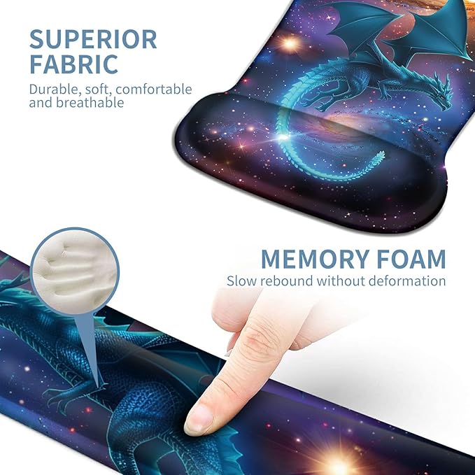 Keyboard Wrist Rest and Mouse Wrist Rest Pad Set Made of Memory Foam with Non Slip Rubber Base Ergonomic Gel Wrist Rest for Computer Keyboard Gaming Office Working with Galaxy Blue Dragon Coaster