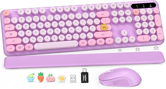 Wireless Keyboard and Mouse Combo-Round Keycaps Full-Size Retro Typewriter Keyboard with Detachable Wrist Rest Sleep Mode &amp Tilt Legs 2.4GHz Cordless Connection for Mac/Windows/PC (Lavender Pur