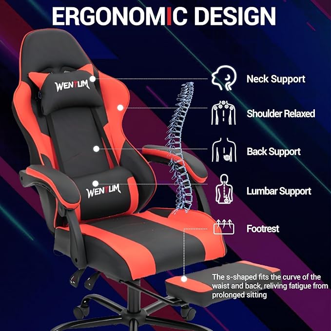 Gaming Chair with Footrest for Adults - PU Leather Video Game Chair w/Massage Lumbar Support for Men Women Ernogomic Computer Gamer Chair for Home Office Height Adjustable Red