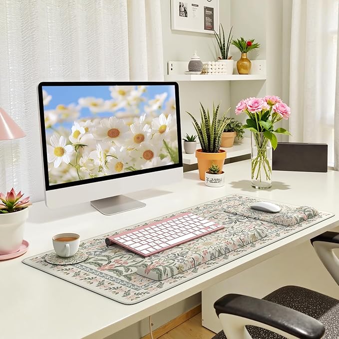iLeadon Desk Protector Mat Cute Ergonomic Wrist Pad for Keyboard and Mouse Non Slip Desk Mat with Wrist Rest Extra Large Full Desks Mouse Pad with Coaster for Women Office (Grey)