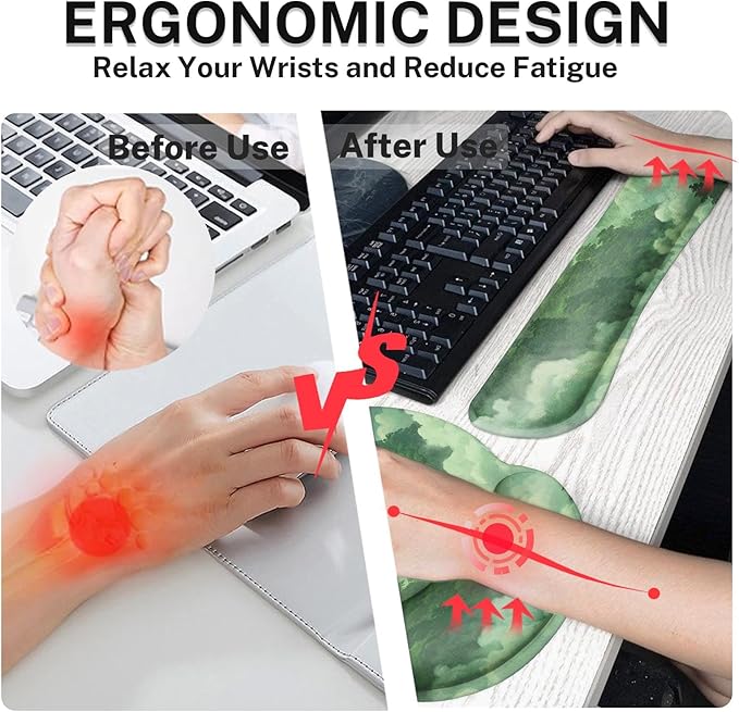 Britimes Green Cloud Keyboard Mouse Pad Set Forest Mountain Aesthetic 4in1 Large Mousepad+Keyboard Wrist Rest+Mouse Wrist Rest+Coaster Ergonomic Design for Home Office Computer 35.4x15.7 inches