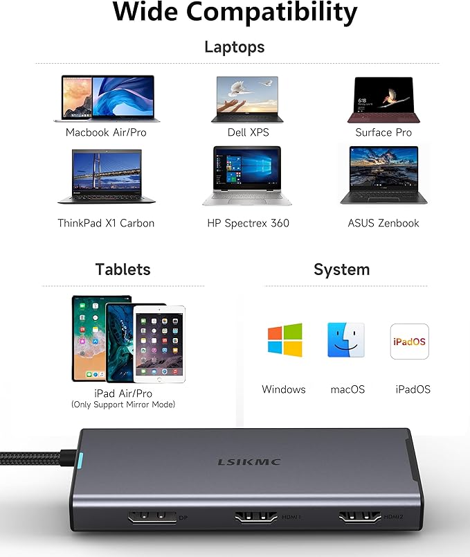 USB-C Laptop Docking Station for Triple Monitor | 7-in-1 Dock with DP 4K@160Hz/8K@30Hz + Dual HDMI 4K@60Hz 10Gbps USB A/C 100W PD | Laptop Dock for Windows/Mac