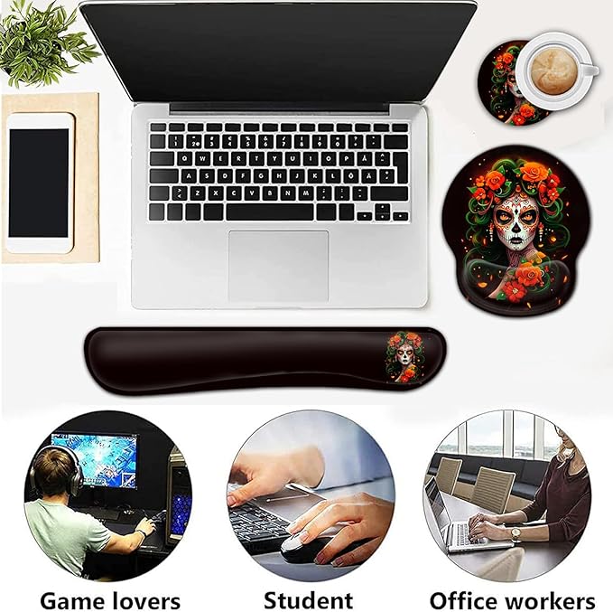 Ergonomic Gaming Mouse Pad Wrist Support and Memory Foam Keyboard Wrist Rest with Anti-Slip Base for Home Office Computer Desk Pad Gel White Mouse Pad Easy Typing Cute Painted Elephants Desk Mat