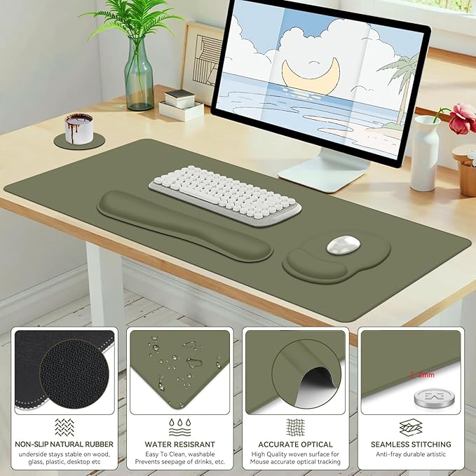 4 PCS Mouse Pad Desk Mat Protector Keyboard Wrist Rest + Comfortable Mouse Pad Wrist Rest +Coaster Large Gaming Mousepad for Computer Laptop 35.4X 15.7 Deskpad for Office Home I Olive Green