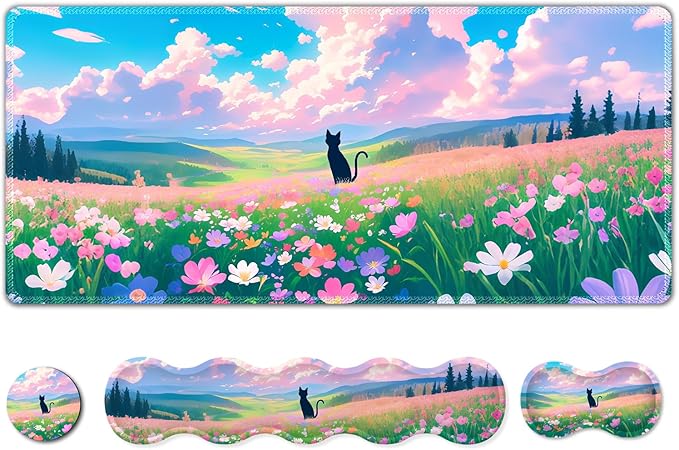 ARTSO Keyboard Wrist Rest Large Mouse Pad Wrist Support 4 in 1 Memory Foam Keyboard Pad Desk Mat Set Ergonomic Wrist Rest Cushion for Home Office Gaming-Cat and Flower Sea