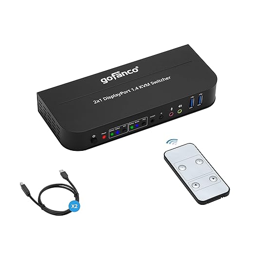 gofanco 2 Port 4K 60HZ DisplayPort KVM Switch with USB 3.0 – DisplayPort 1.4 4K @60Hz 4:4:4 HDR HDCP 2.2/1.4 USB Keyboard/Mouse USB 3.0 Hub MIC in Stereo Out IR Remote Hotkeys (KVMDP-2P)