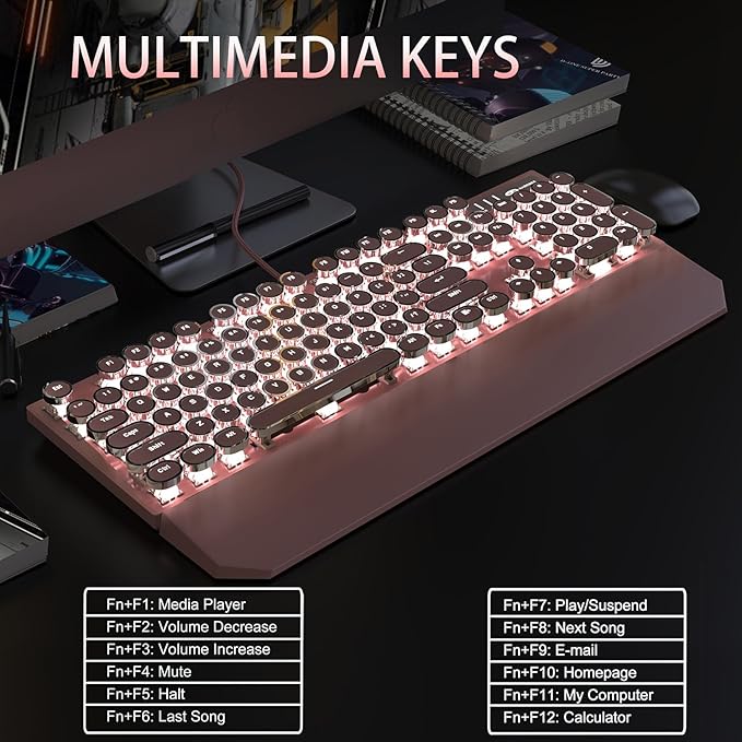 Camiysn Typewriter Style Mechanical Gaming Keyboard Pink Retro Punk Gaming Keyboard with White Backlit 104 Keys Blue Switch Wired Cute Keyboards Round Keycaps for Windows/Mac/PC