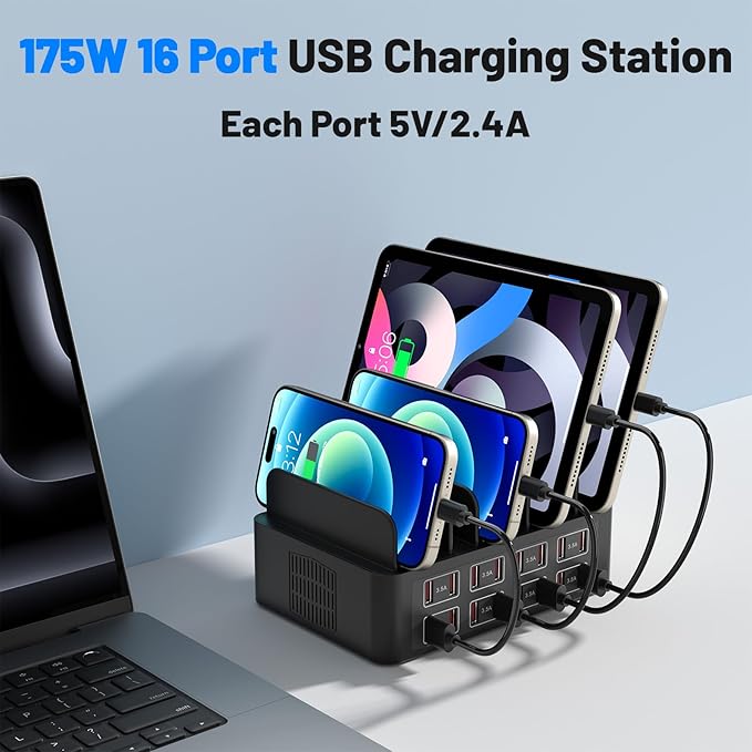 Charging Station for Multiple Devices 16 Port USB Fast Charging Station 175W Ipad Charger Station Multiple Charger Organizer Compatible with Smartphones Tablets and Other Devices