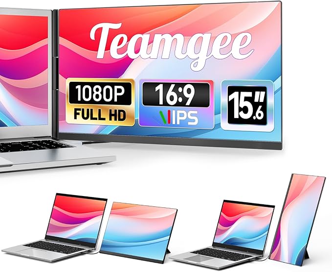 Teamgee 15.6 Laptop Screen Extender Slim &amp Lightweight Portable Monitor for Laptop Full HD IPS 360° Rotating Stand Detachable USB-C Plug &amp Play RGB Lighting Thin Bezels