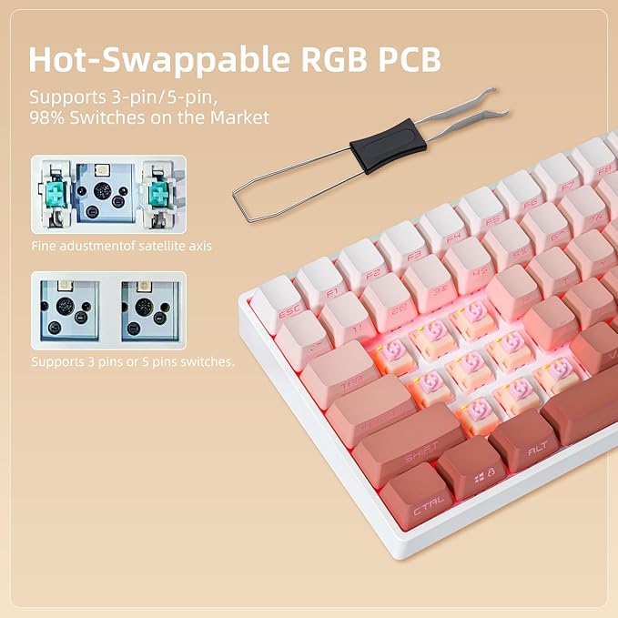 ZORNHER ZH100 Wireless Mechanical Keyboard98% Pink Creamy Keyboard with Number PadFull Size Rose Gold Gaming KeyboardLighted Up PBT Dipped KeycapsCreamy Sounding Linear Switches