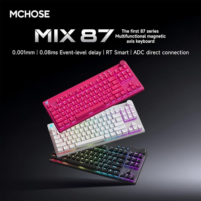 MCHOSE Mix 87 Magnetic Switch Rapid Trigger Gaming KeyboardHall Effect Hyper-Fast Adjustable Actuation Wired TKL Keyboard with Smart RT Mode Knob RGB Translucent Keycaps for PC Gamer (Black)