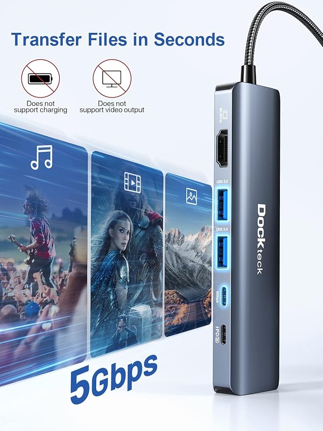 Dockteck USB-C 6 in 1 Multiport Adapter - 8K HDMI 2 USB-A 5 Gbps 100W PD 1Gbps Ethernet for MacBook Pro Air HP XPS and More