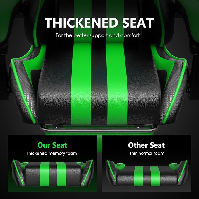 Huracan Gaming Chair with Footrest Adjustable Video Game Computer Chairs for Adults Reclining Backrest Office Desk Chair with Headrest and Lumba Pillow Green