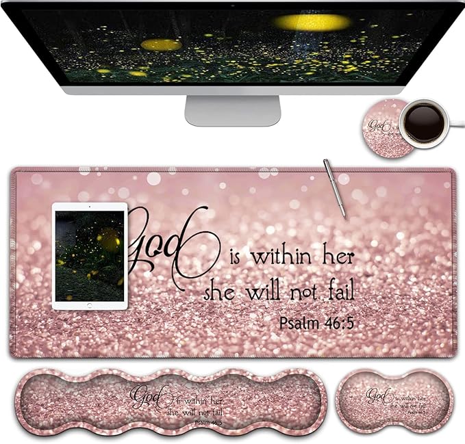 Large Gaming Mouse PadExtended Office Desk MatWaterproof Desk Writing Pad for Office/Home Ergonomic Mouse &ampKeyboard Wrist RestPsalm 46:5 Pattern Laptop Desk Pad Pink Mousepad Wrist Support