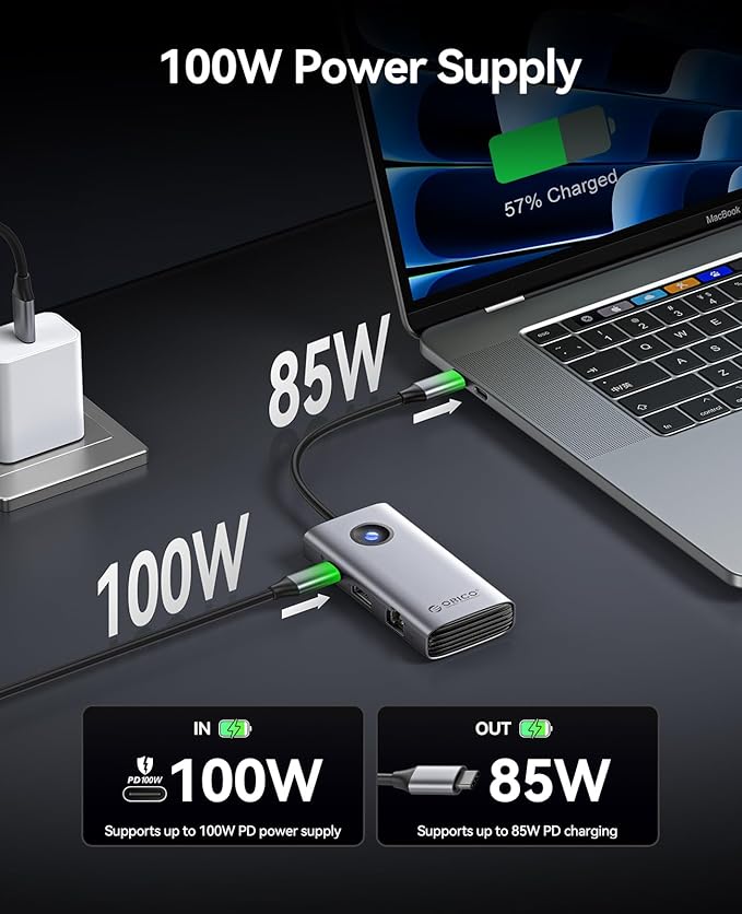 ORICO USB C Docking Station 6-in-1 Laptop Docking Station with HDMI 4K@30Hz 1000Mbps Ethernet 100W PD 3xUSB-A 3.0 USB C Dock Compatible with MackBook/Dell XPS/HP/Surface