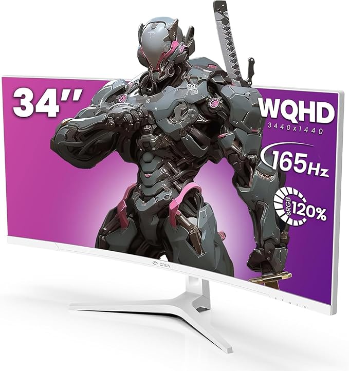 CRUA 34'' White Gaming Monitor 165Hz/144Hz 21:9 1500R Ultrawide Curved Monitor WQHD 3440X1440 120%sRGB VA Panel Computer Monitor Support Freesync PIP/PBP HDMI2.0 &amp DP1.4 Wall Mount&ampTilt Ad