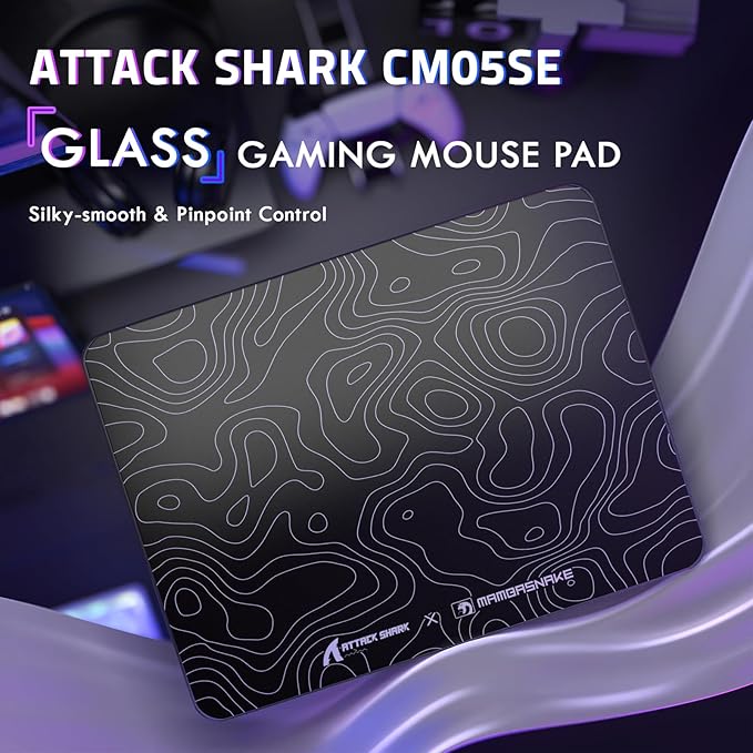 ATTACK SHARK CM05SE Glass Gaming Mouse Pad Black Topographic Hard Mousepads for Gaming Professional Large Mouse Mat 410mm*310mm*5mm Nano-Textured Glass Surface with Improved Precision and Speed