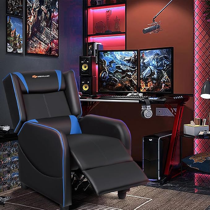 Goplus Massage Gaming Recliner Chair Racing Style PU Leather Single Recliner Sofa with Footrest Adjustable Modern Living Room Recliners Ergonomic Home Theater Recliner Seat (Blue)