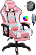 Massage Gaming Chair Racing Computer Desk Office Chairwith speakers and LED Linghts with Headrest Lumbar Support footrest and Adjustable Armrests360° Swivel 135° Reclining  300LB Metal BasePink