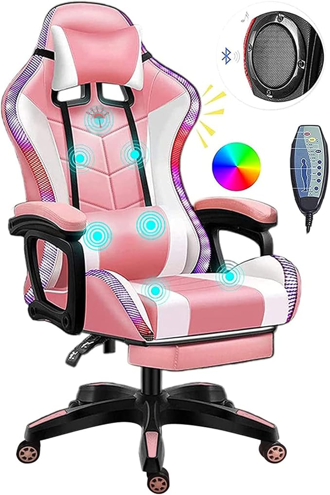 Gaming Chair with RGB LED Lights Video Game Chair Massage Gaming ChairAdjustable Reclining Office Swivel Chair Ergonomic High Back Computer ChairPink