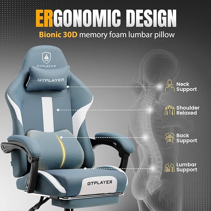 GTPLAYER Gaming Chair with Foot Rest &amp Pocket Spring Cushion Ergonomic High Back Computer Desk Chair with Headrest &amp Lumbar Support for Back Pain Relief Breathable Fabric Blue