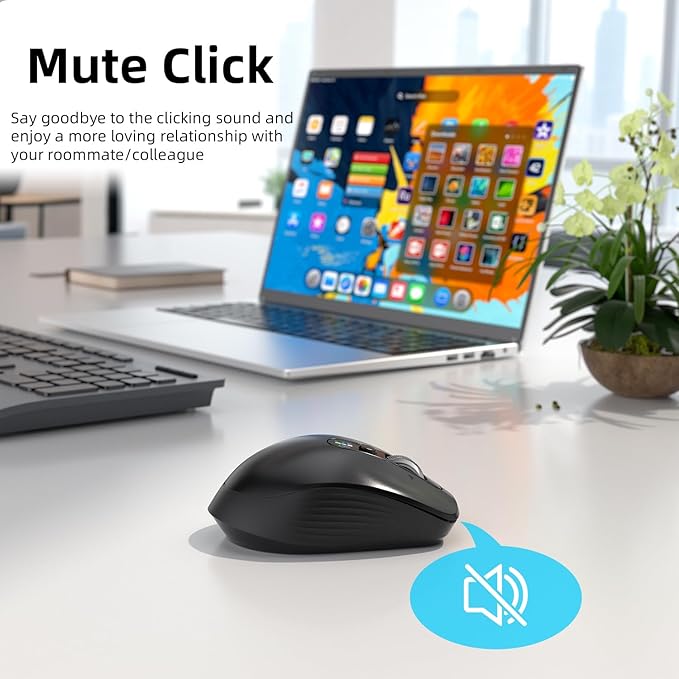 Wireless Bluetooth Mouse Multi Device (BT1/BT2 + 2.4G USB) Mouse for Laptop iPad &amp Mac 4-Way Scroll with Side Buttons Silent Click Ergonomic Offce Mouse Adjustable DPI