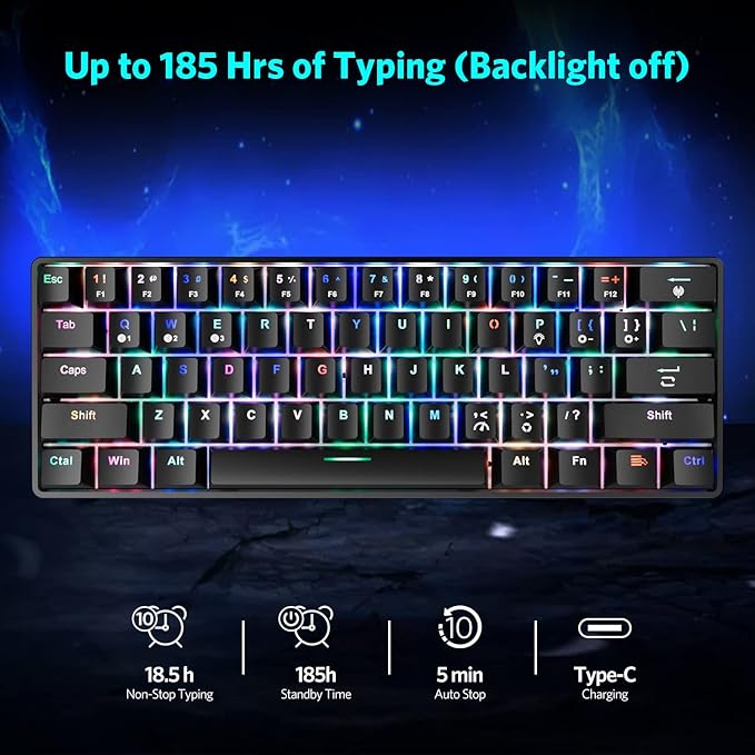 61 Keys RGB Wireless and Wired Mechanical Gaming Keyboard with Blue Switches Audible Click Sound Rainbow Portable Compact Mini Office Keyboard for Windows PC Gaming (F-SG61)