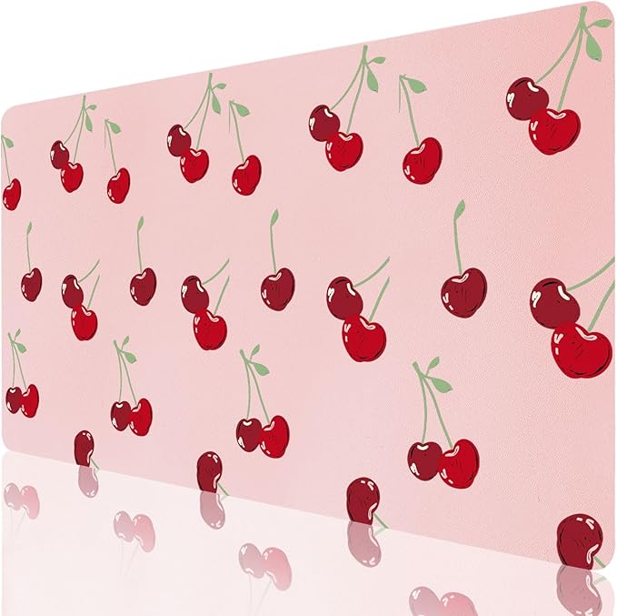 Cute Kawaii Cherry Office Desk Mat 23.6''X11.8''Pretty Design Desktop Mat Pu Leather Large Mouse Pad Aesthetic Mousepad Non-Slip Table Mat for Girls Women Home Work Computer Game