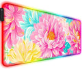 RGB Pink Flower Gaming Desk Mat Computer Keyboard Large Extended Long Floral LED Mouse Pad for Office and Home XL (W29)