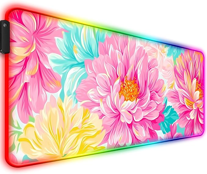 RGB Pink Flower Gaming Desk Mat Computer Keyboard Large Extended Long Floral LED Mouse Pad for Office and Home XL (W29)