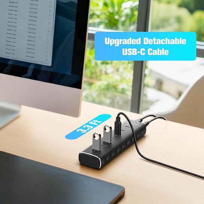 Rosonway 7 Ports Powered USB 3.2/USB C Hub 10Gbps with 4 USB-C 3.2 3 USB-A 3.2 Ports 3.3ft Cable and 36W(12V/3A) Power Adapter Aluminum USB Splitter for Laptop RSH-H7C4