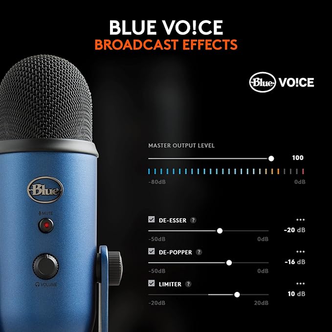 Logitech Creators Blue Yeti USB Microphone for PC Mac Gaming Streaming Podcasting Studio and Computer Condenser Mic with Blue VO!CE Effects 4 Pickup Patterns Plug and Play - Midnight Blue