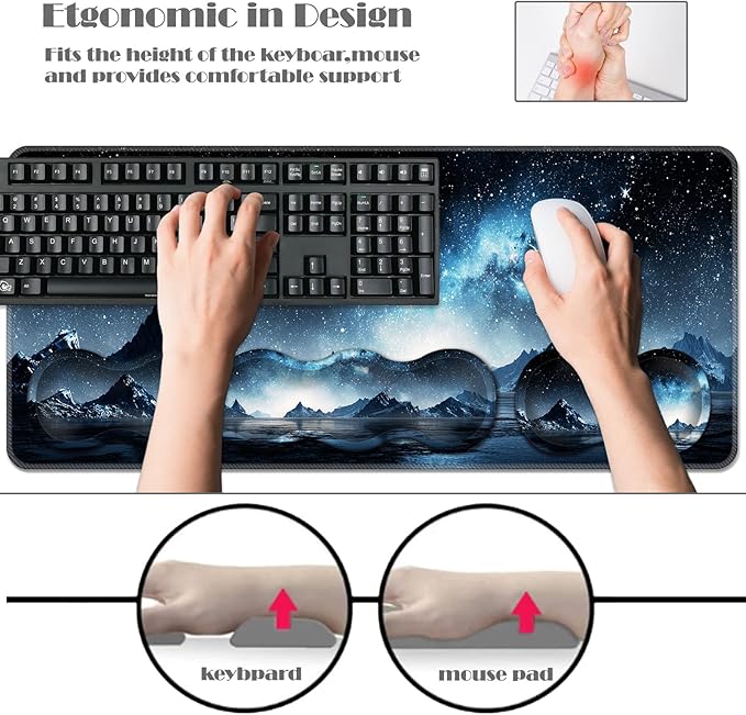 Ergonomic Keyboard Wrist Rest &amp Mouse Pad Wrist Rest SetXL Gaming Desk Mat 31.5x 11.8Non-Slip BaseMemory FoamEasy Typing Pain Relief for Office &amp HomeMountain Lake Galaxy