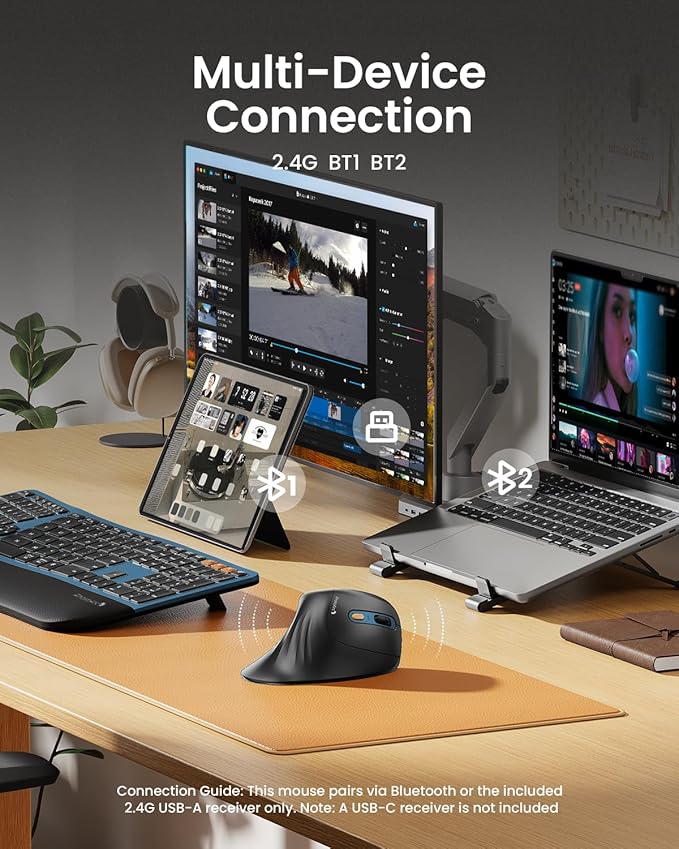 ProtoArc Ergonomic Mouse EM11 NL Bluetooth Rechargeable Wireless Vertical Mouse 3 Multi-Device Connectivity for Computer/PC/Laptop 2.4GHz USB-A Optical Mice for Windows Mac OS Blue