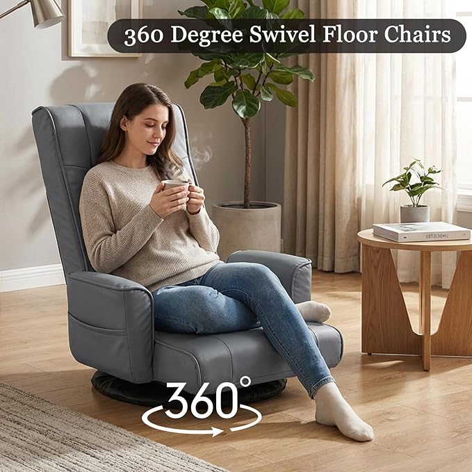 FLOGUOR 360° Swivel Gaming Floor Chair with Armrests – 14-Position Adjustable Folding Floor Sofa Lounger Padded Backrest Multi-Angle Recline for Home Living Room &amp Office (Grey)