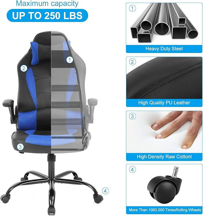 Meet perfect Gaming Chair Ergonomic Office Chair Desk Chair Leather Computer Chair Lumbar Support and Head Pillow Modern Executive Chair Adjustable Rolling Swivel Task Chair Home Office Chair Blue