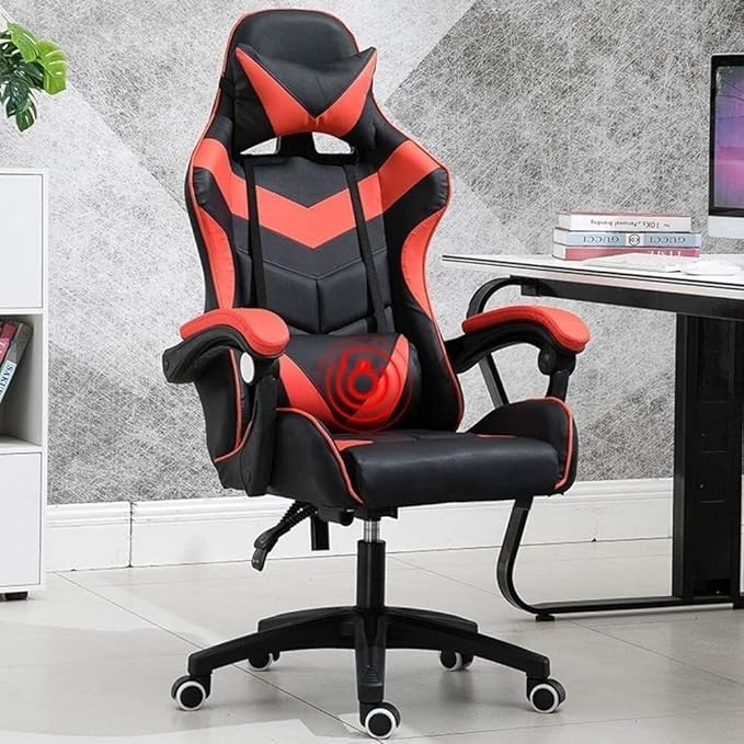 Ergonomic E-Sports Gaming Chair with Massage Lumbar Support Adjustable Height Retractable Footrest USB Massage Pillow(Black Red)