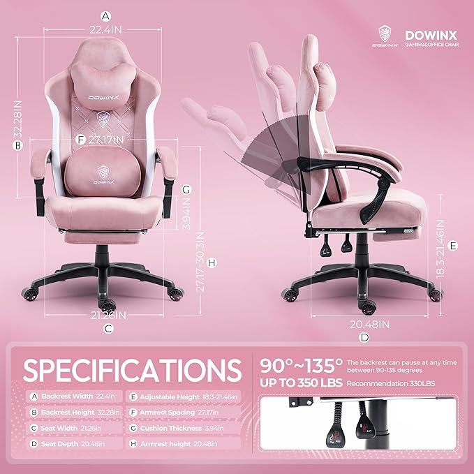 Dowinx Fabric Gaming Chair with Heated Massage Lumbar Support Gaming Chairs for Adults Big and Tall Gamer Chair with Pocket Spring Cushion and Footrest Ergonomic Recliner Computer Chair Pink
