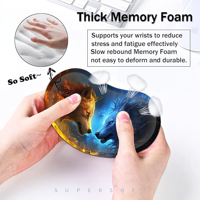 Large Mouse Pad with Mouse Wrist Rest 31.5x11.8 in Extended Mouse Mat with Non-Slip PU Base Ergonomic Memory Foam Wrist Rest for Work &amp Gaming Writing Pad Fire and Ice Wolf Office Desk Pad