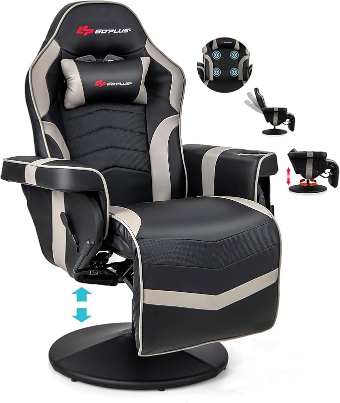 POWERSTONE Gaming Recliner Adjustable Massage Gaming Chair with Cup Holder Footrest Ergonomic Single Sofa Living Room Home Theater Seating with Side Pouch (Grey)
