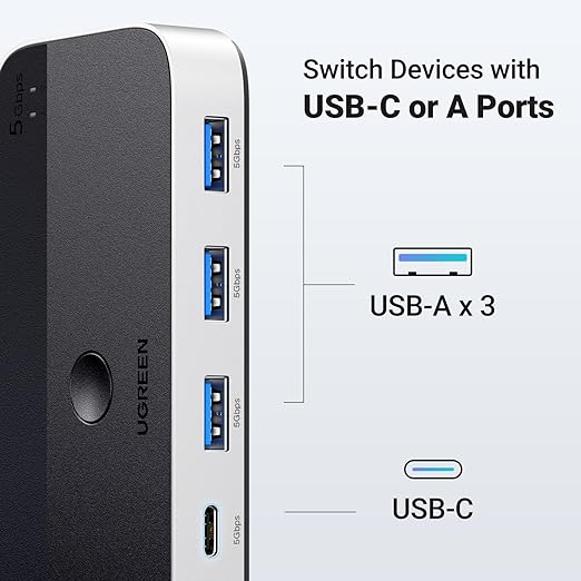 UGREEN USB 3.0 Switch 2 Computers Sharing USB C &amp A Devices 4 Port USB Switcher Sharing Keyboard and Mouse Printer/Scanner USB Switch Hub for Two Computers with 2 USB3.0 Cables and Remote