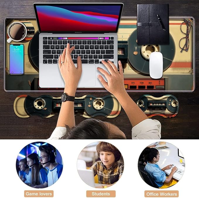 Ergonomic Keyboard Wrist Rest &amp Mouse Pad Wrist Rest Set Large XXL Gaming Desk Mat 31.5x 11.8 with Memory Foam Easy Typing Pain Relief for Office &amp Home Retro Tape Recorder