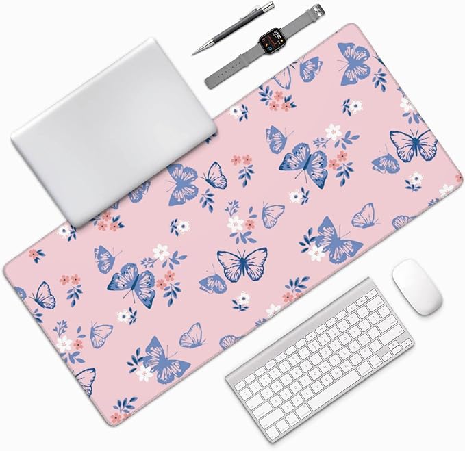 Pink Butterfly Large Mouse Pad Gaming Mousepad with Wrist Support Rubber Computer Keyboard Mat for Desk Laptop Non-Slip Full Deskmat Protector Waterproof Writing Pad Office Home 16x35.5 in